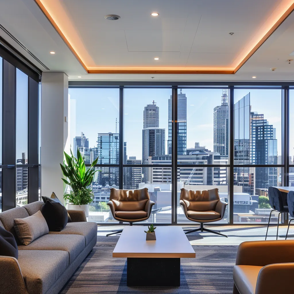 a sleek, modern office filled with sharp, contemporary furniture and large windows showcasing a bustling urban skyline, illustrating the dynamic landscape of australian real estate trends.